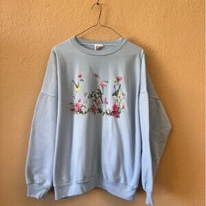 Vintage 80s spring birds baby blue pullover sweatshirt size M
